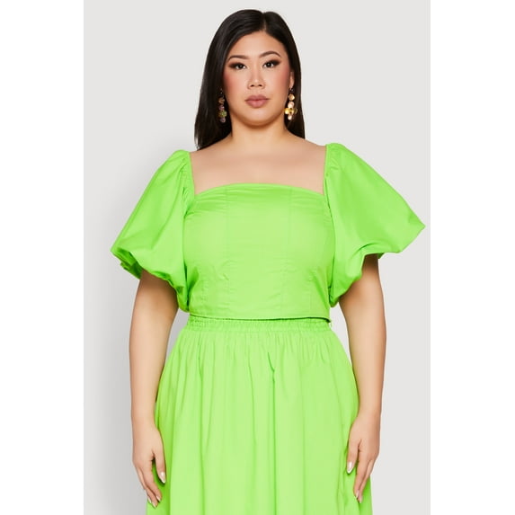 Womens Plus Size Smocked Back Poplin Crop Top