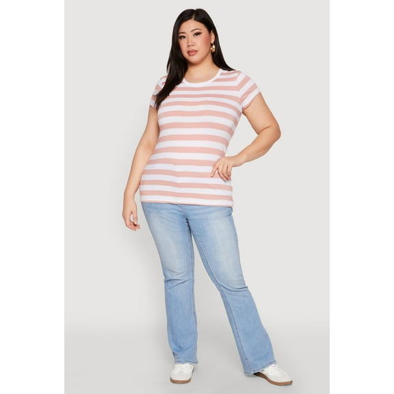 Womens Plus Size Striped Crew Neck Tee