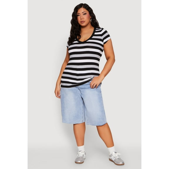 Womens Plus Size Striped V Neck Tee