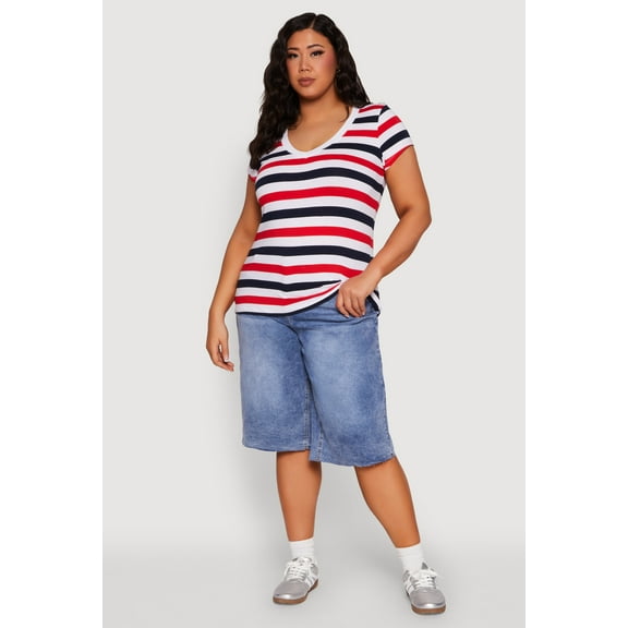 Womens Plus Size Striped V Neck Tee