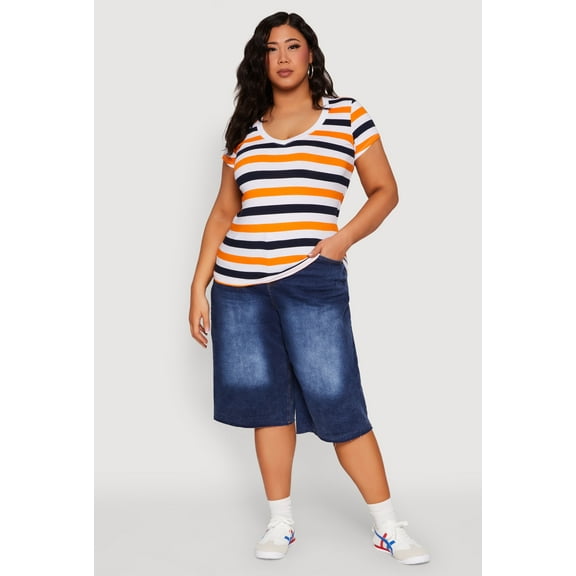 Womens Plus Size Striped V Neck Tee