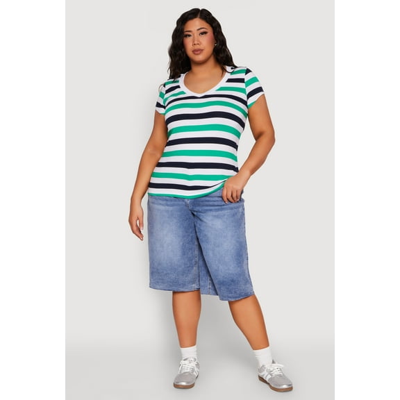 Womens Plus Size Striped V Neck Tee