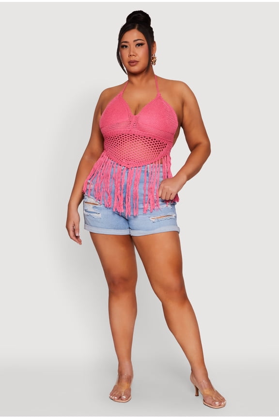 Womens Plus Size Tie Back Crochet Fringe Halter Top