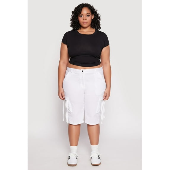 Womens Plus Size Tie Cargo Pocket Bermuda Shorts
