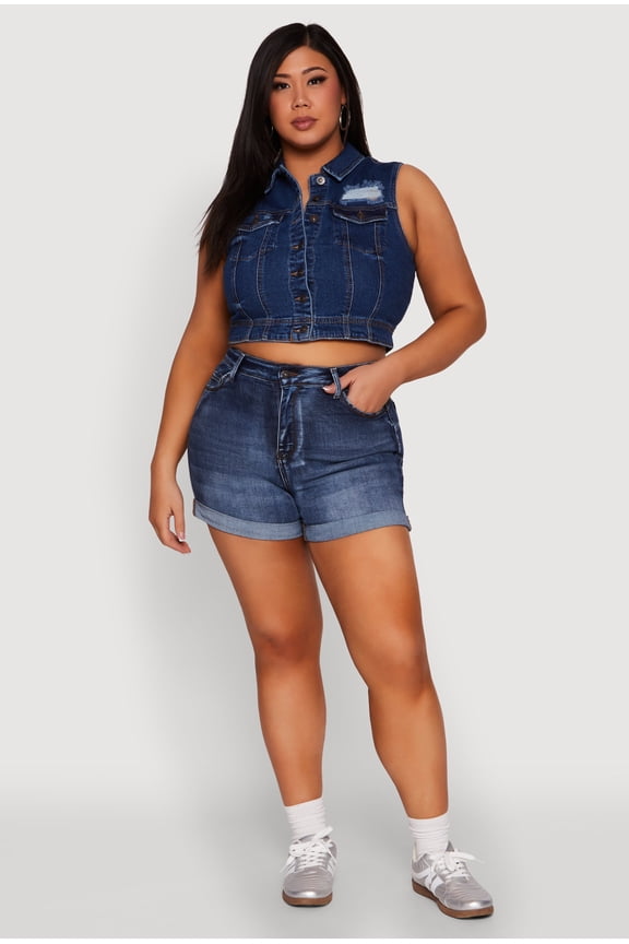 Womens Plus Size WAX Distressed Denim Vest