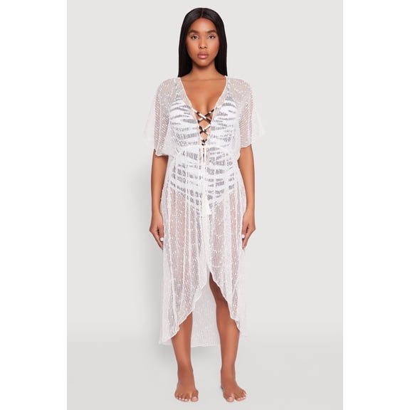 Womens Popcorn Knit Tie Front Cover Up Kimono