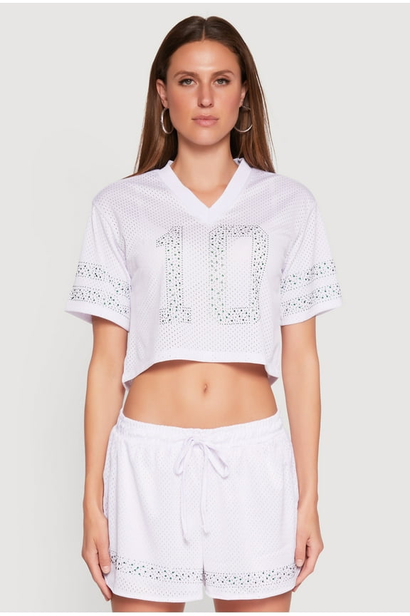 Womens Rhinestone Varsity Stripe Mesh Jersey