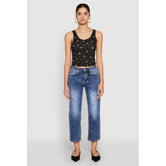 Womens Ribbed Knit Floral Print Tank Top