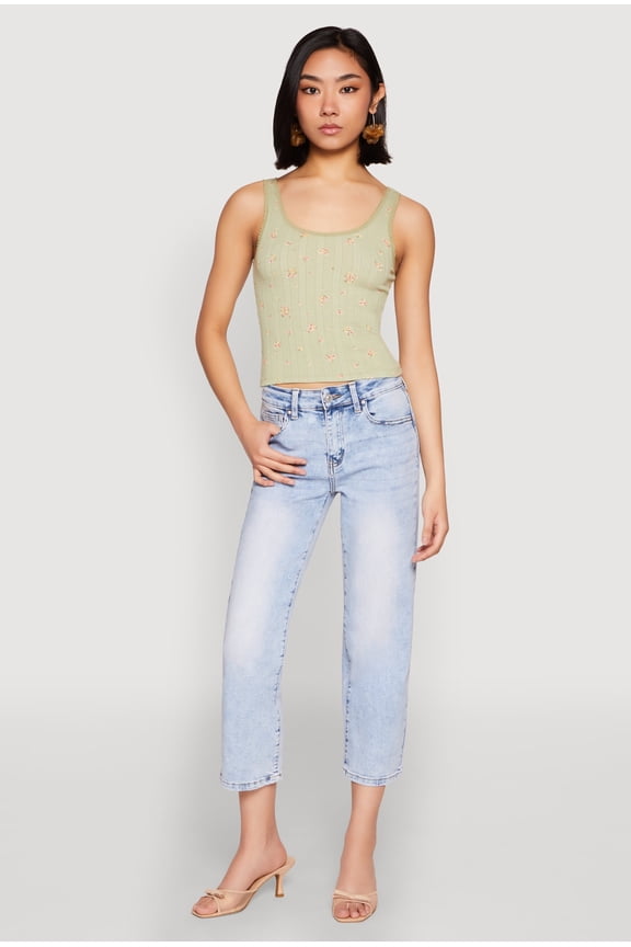 Womens Ribbed Knit Floral Print Tank Top