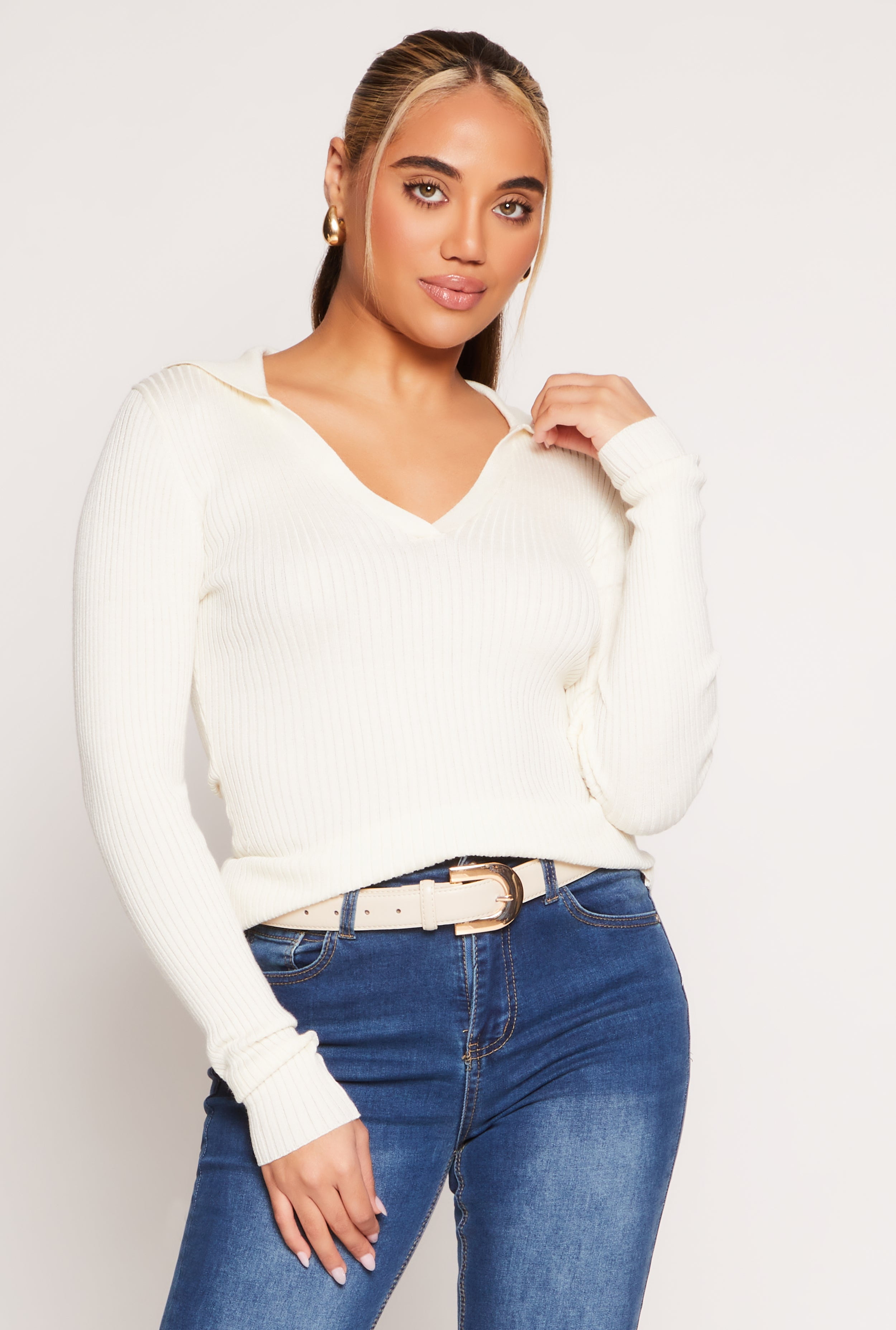 Cable-Knit Johnny Collar Dropped Shoulder Sweater