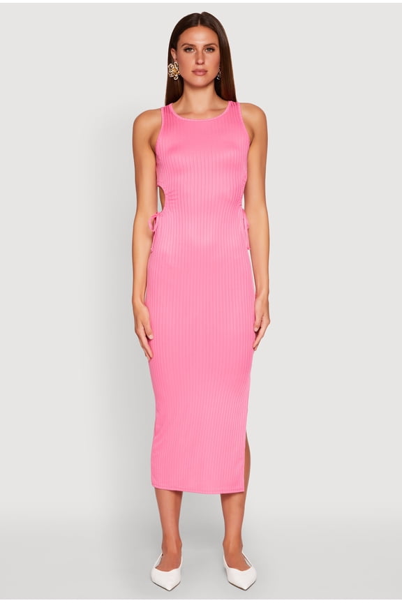 Womens Ribbed Knit Side Cut Out Midi Dress
