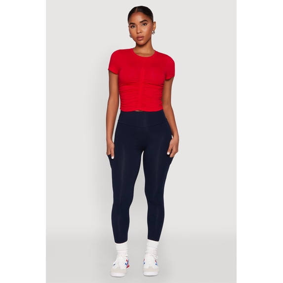 Womens Ruched Crew Neck Cropped Tee
