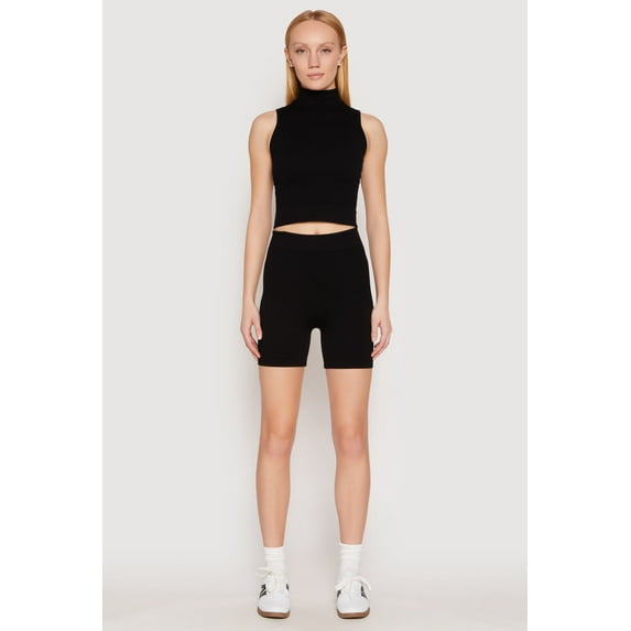 Womens Seamless Rib Knit Mock Neck Tank Top and Biker Shorts