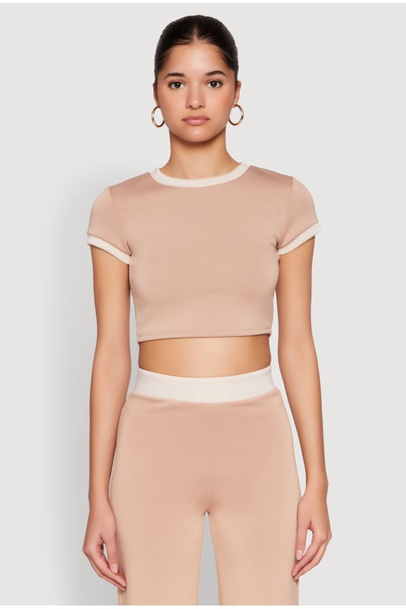 Womens Short Sleeve Ringer Crop Top