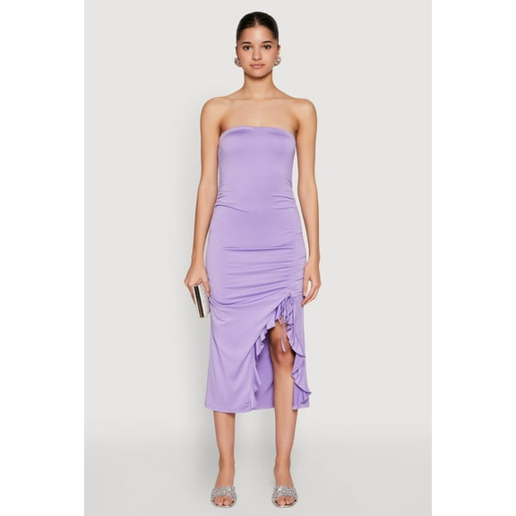 Womens Side Ruched Midi Tube Dress
