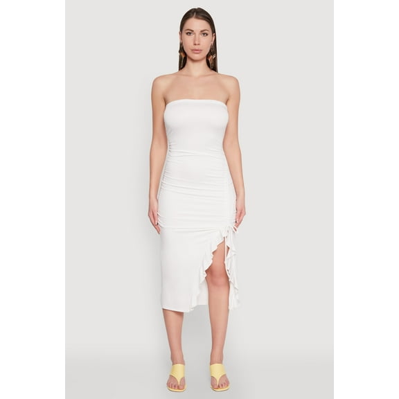 Womens Side Ruched Midi Tube Dress