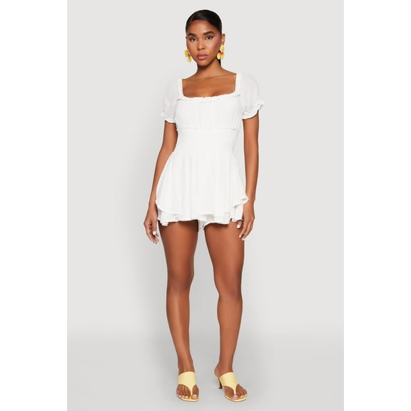 Womens Smocked Waist Ruffle Trim Romper