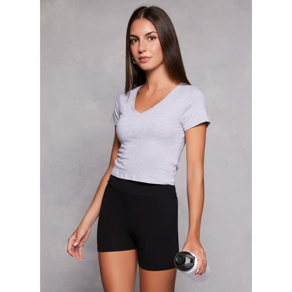 Womens Solid Cropped V Neck Tee