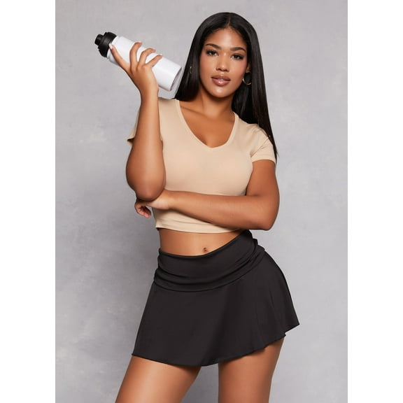 Womens Solid Cropped V Neck Tee