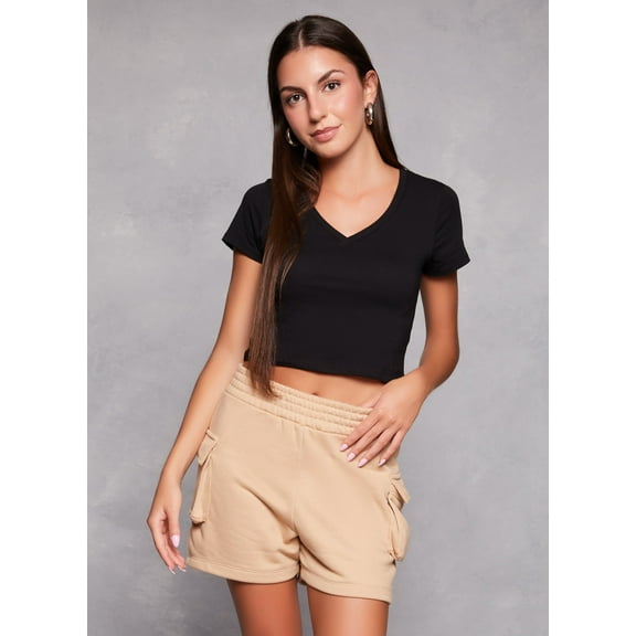 Womens Solid Cropped V Neck Tee