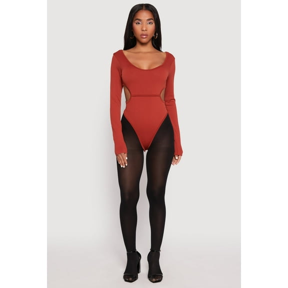Womens Solid Cut Out Detail Long Sleeve Bodysuit