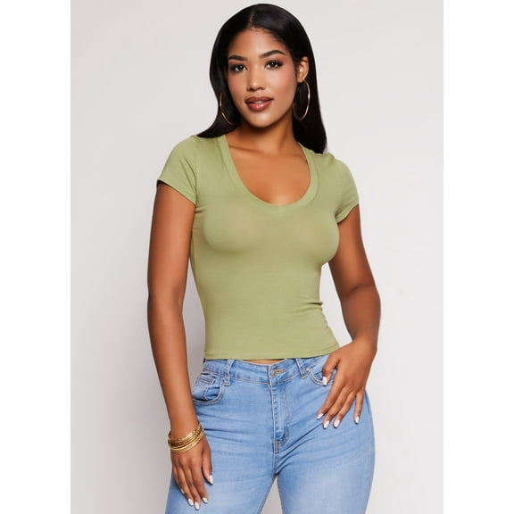 Womens Solid V Neck Short Sleeve Tee