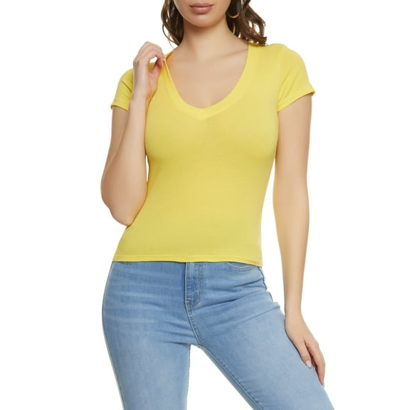 Womens Solid V Neck Short Sleeve Tee