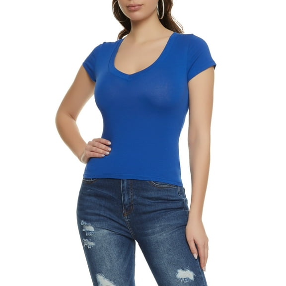 Womens Solid V Neck Short Sleeve Tee