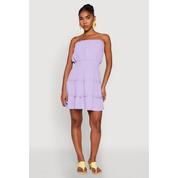 Womens Strapless Smocked Tiered Mini Dress