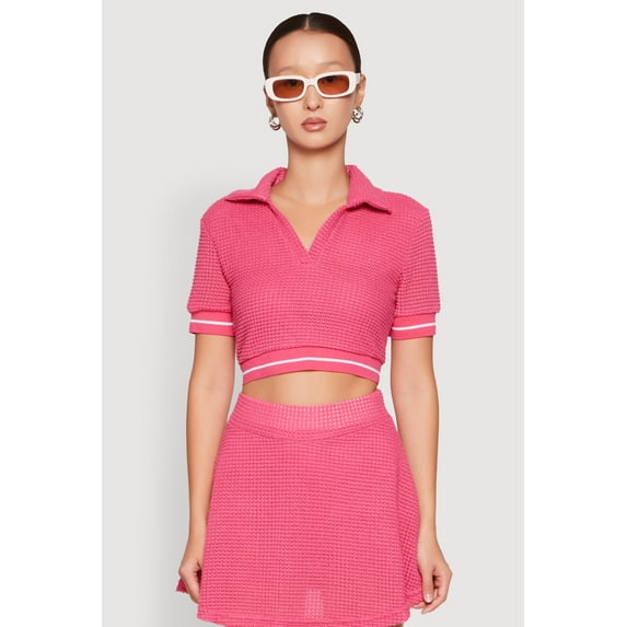 Womens Textured Knit Johnny Collar Crop Top