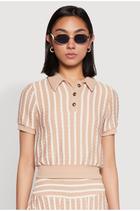 Womens Textured Knit Striped Polo Shirt