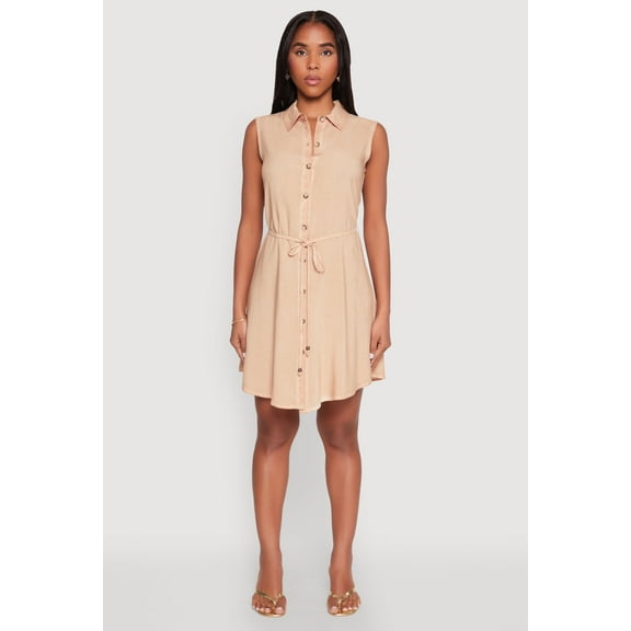 Womens Tie Waist Belted Sleeveless Shirt Dress