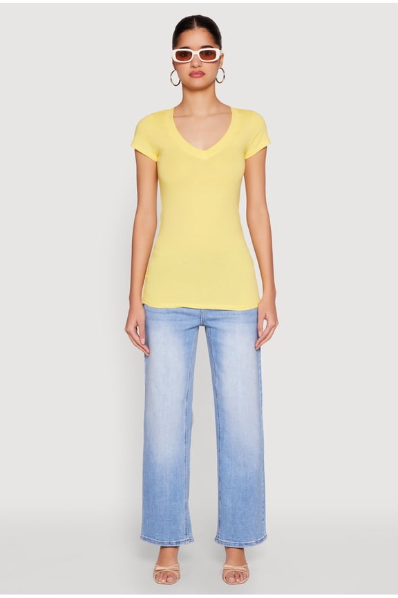 Shops Female Adult V Neck Basic Short Sleeve Tee Ambiance, Short Sleeves, V-Neck, T-Shirt, Solid