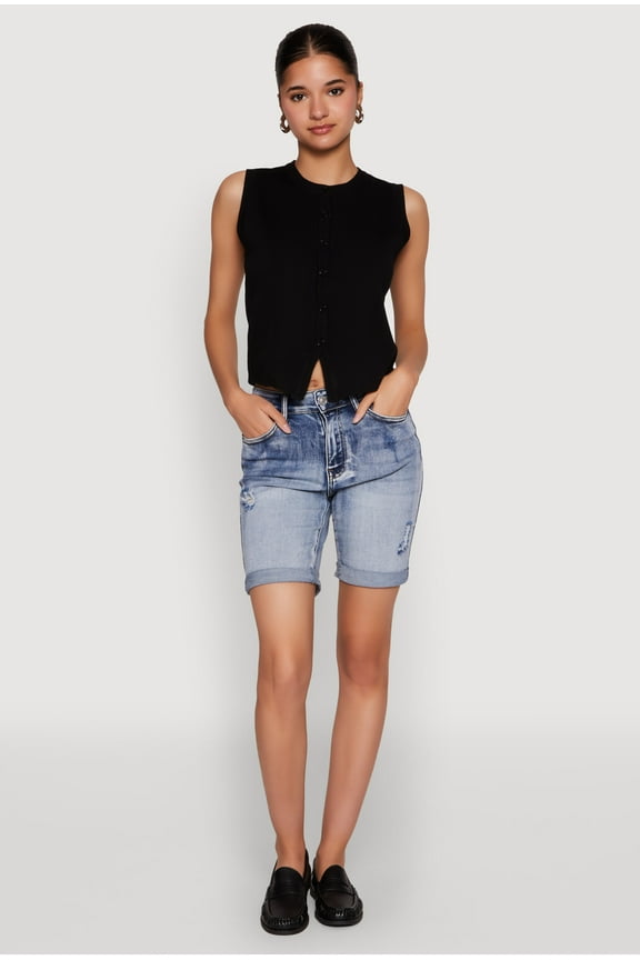 Womens WAX Fixed Cuff Denim Bermuda Shorts