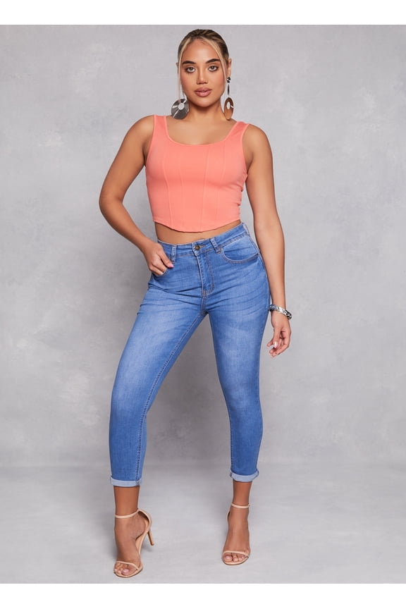 Womens WAX High Waist Rolled Cuff Denim Jeans