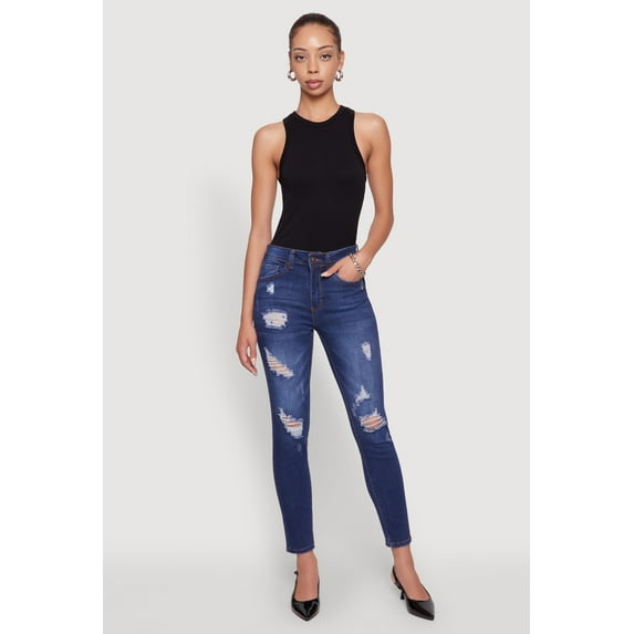 Womens WAX Mid Rise Distressed Jeans