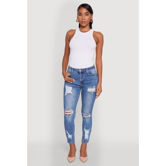 Womens WAX Ripped Rolled Cuff Skinny Jeans