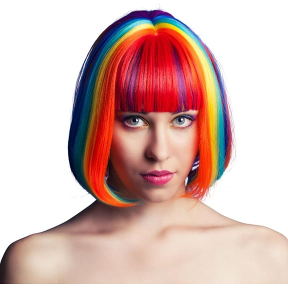 Rainbow Short Bob Wig, 26cm, Synthetic Straight Hair, Fancy Dress Wig, Heat Resistant