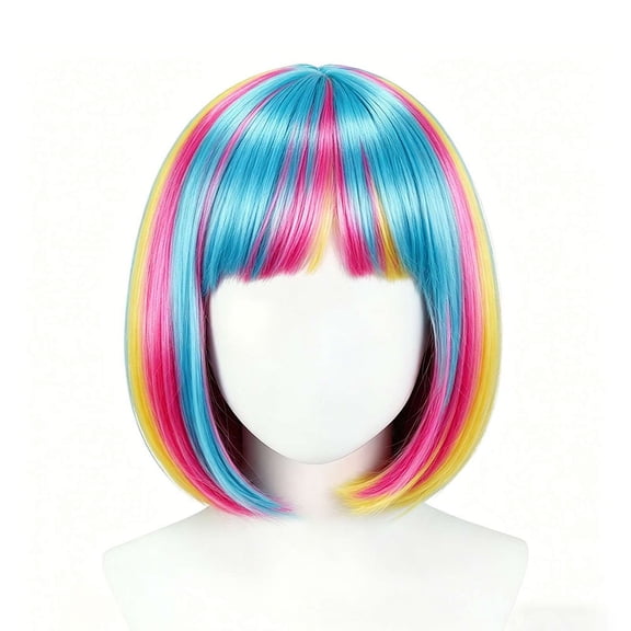 Rainbow Short Straight Wig with Bangs, Colorful Synthetic Fiber Cosplay Wig, Heat-Resistant Party Hairpiece