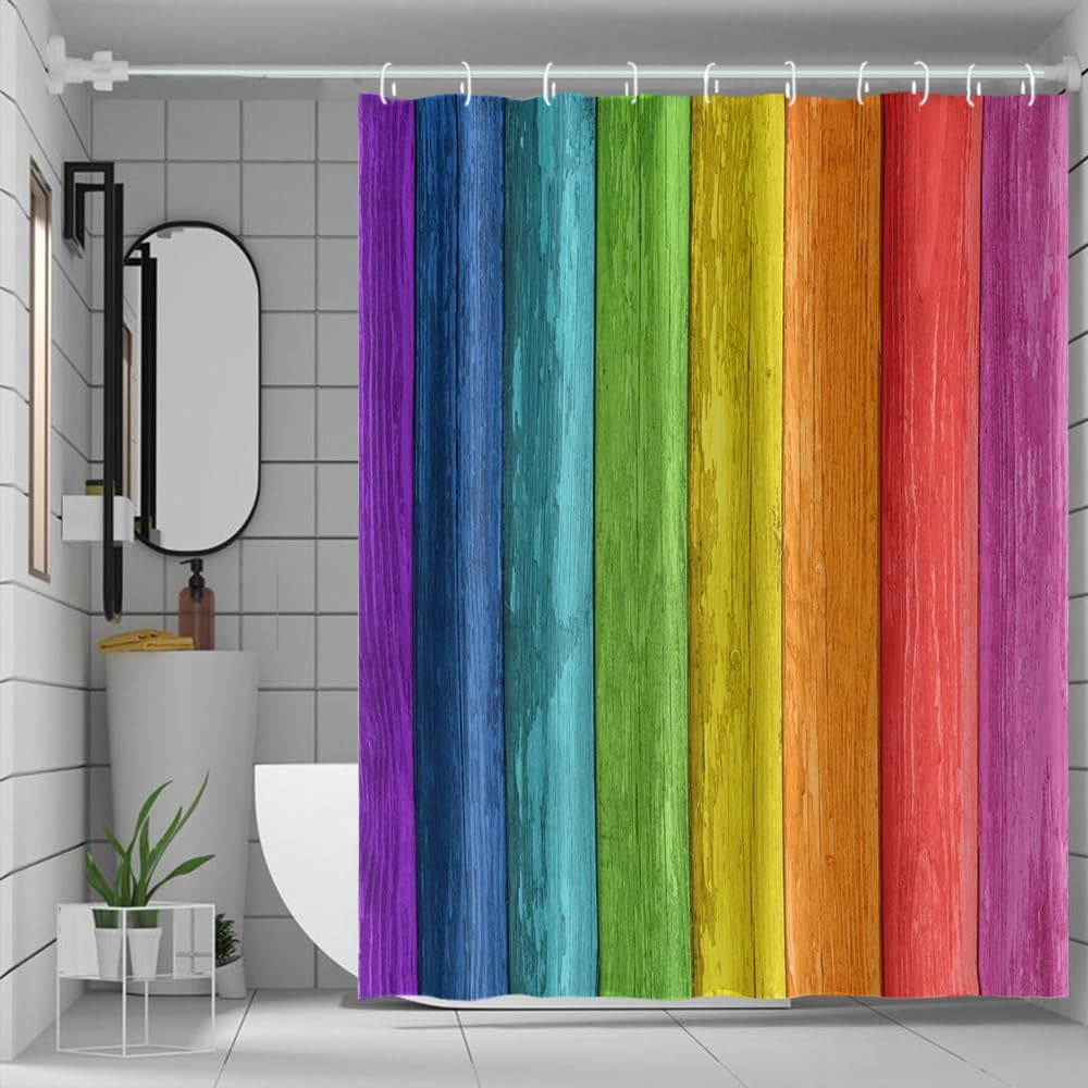 Rainbow Shower Curtain for Bathroom, Farmhouse Blue Pink Wood Barn Door ...