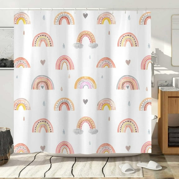 Rainbow Shower Curtain for Bathroom, Modern Simple Cute Boho Bath Curtains , Mid Century Abstract Sun Rainbow Fabric Colourful Shower Curtain with Hook 54x70