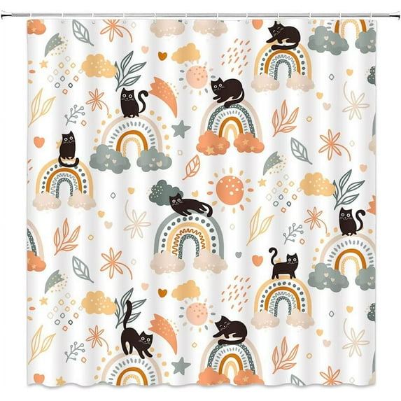 Rainbow Shower Curtain Black Cat Mid Century Modern Abstract Rainbow Leaves Sun Minimalist Geometric Aesthetic Vintage Cute Cartoon Bathroom Decor Fabric Curtain with Hooks