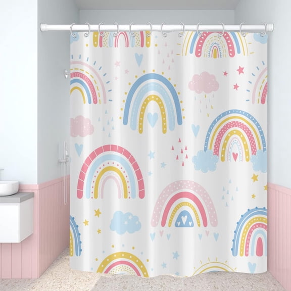 Rainbow Shower Curtain, Lovely Kids Rainbows Pattern Colorful Cute Cloud Sun Stars Cartoon Bath Curtains Waterproof Fabric with Hooks for Home Decor, 72Wx84H