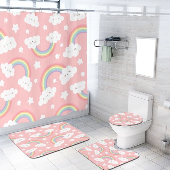 Rainbow Shower Curtain Set Cute Rainbow Stars Cartoon Pink with Non-Slip Rugs, Toilet Lid Cover and Bath Mat, Durable and Waterproof, for Bathroom Decor Set, 72x72 Inch