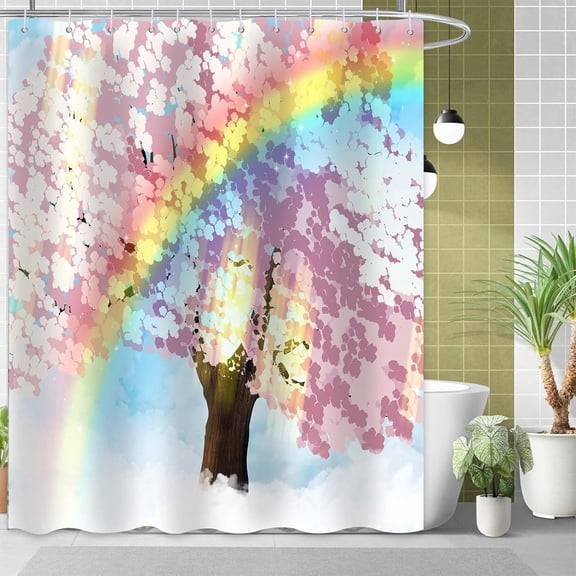 Rainbow Shower Curtain, Tree Shower Curtain, Purple Shower Curtain Set Waterproof Bath Curtain Kids Bathroom Decor with 12 Hooks, 72x72 inches