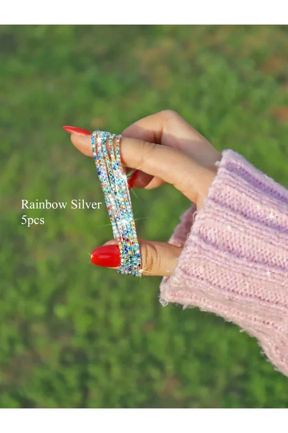 Rainbow Silver(5pcs) Rainbow Silver Rhinestone Stretch Bracelet Set 5