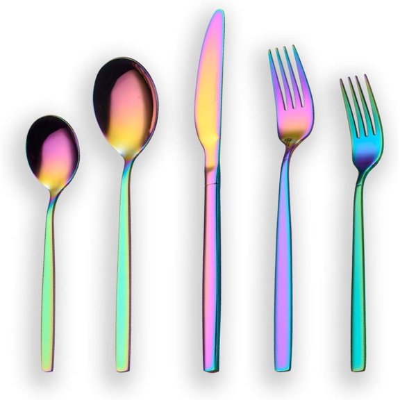 Rainbow Silverware Set 20 count Service for 4, Colorful Titanium Stainless Steel Flatware Sets, First Apartment Have Cutlery Utensils Set, Dishwasher Safe