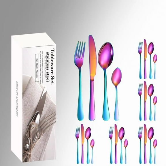Rainbow Silverware Set for 6, 24 Pieces Stainless Steel Shiny Rainbow Flatware Set, Cutlery Tableware Set Include Spoons, Forks, Knives for Home and Restaurant