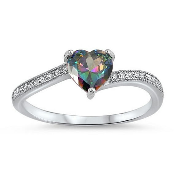 Rainbow Simulated Topaz Clear CZ Heart Shape Ring Sterling Silver Size 9