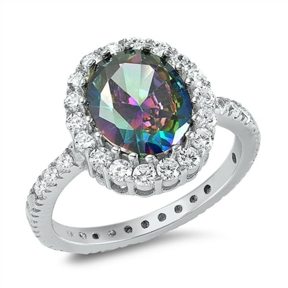 Rainbow Simulated Topaz Clear CZ Oval Ring Sterling Silver Size 6